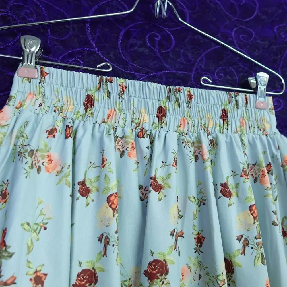 Vintage Reproduction High Waisted Pinup Rockabilly Skirt Blue Red Floral Midi
